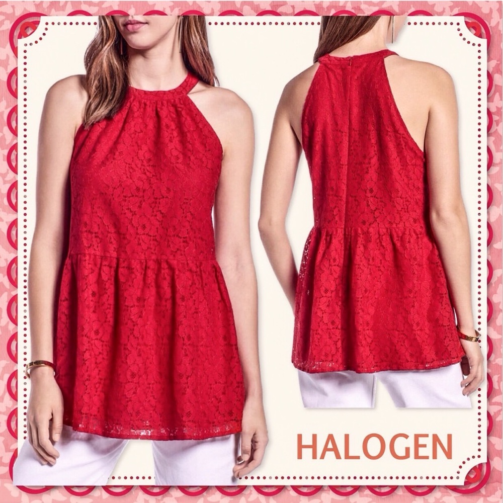 🆕 HALOGEN Red Embroidered Lace Sleeveless Cutaway Shoulder Peplum Tunic NWT